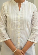 White Solid Cotton Tunic With Schiffli Work-P1112WHITE